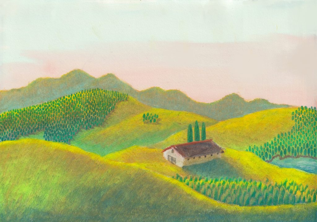 朝陽の中の農場のイラスト