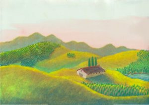 朝陽の中の牧場のイラスト