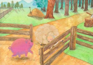 牧場を抜け出す羊と豚の絵本イラスト