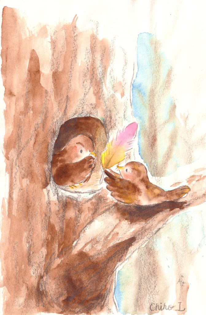 羽をプレゼントするつがいの鳥のイメージボードイラスト