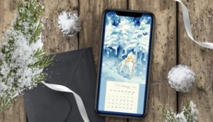 1月のイラストカレンダーを壁紙にしたスマホの写真
