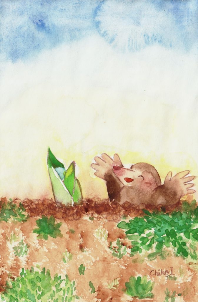 チューリップの芽が出たことを喜ぶモグラのイメージイラスト